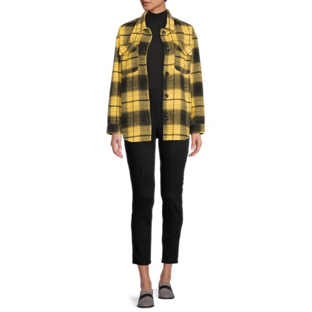 No Boundaries Yellow Plaid Button Down Long Sleeve Shacket